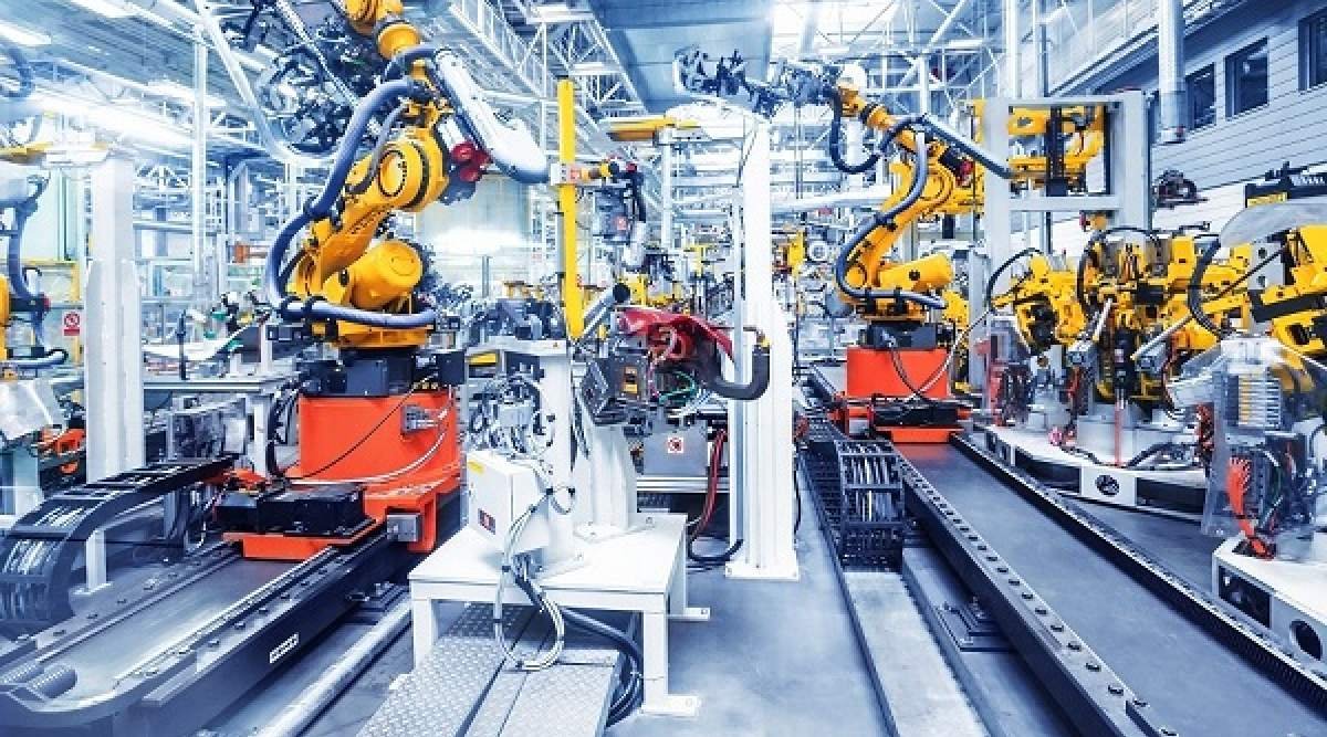 Robotic arms on an automated factory production line