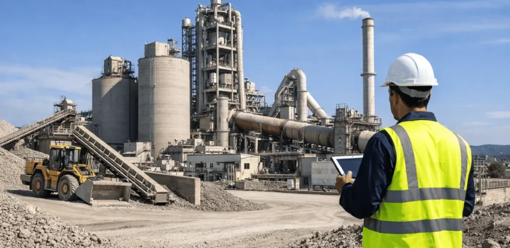 Cement plant with kiln towers, conveyors and an engineer reviewing data on a tablet
